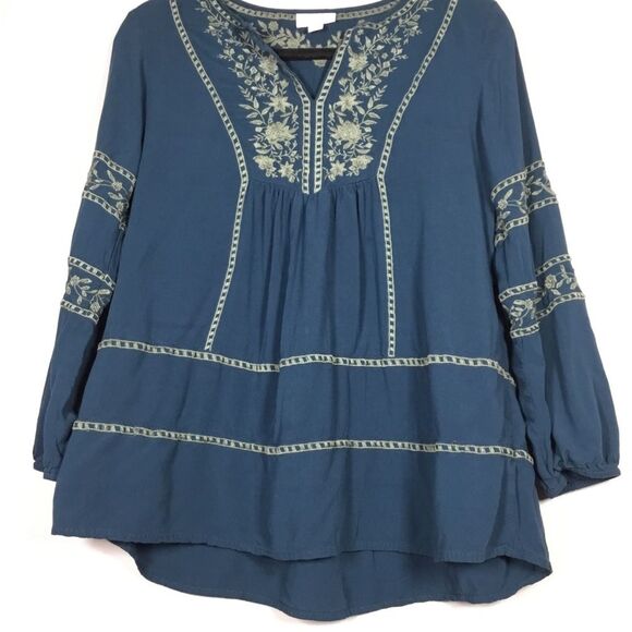 Teal green long sleeve top light sage green embroidery hippie boho XS petite - Picture 2 of 7